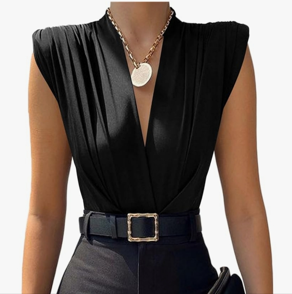 Black Ruched V-Neck Bodysuit